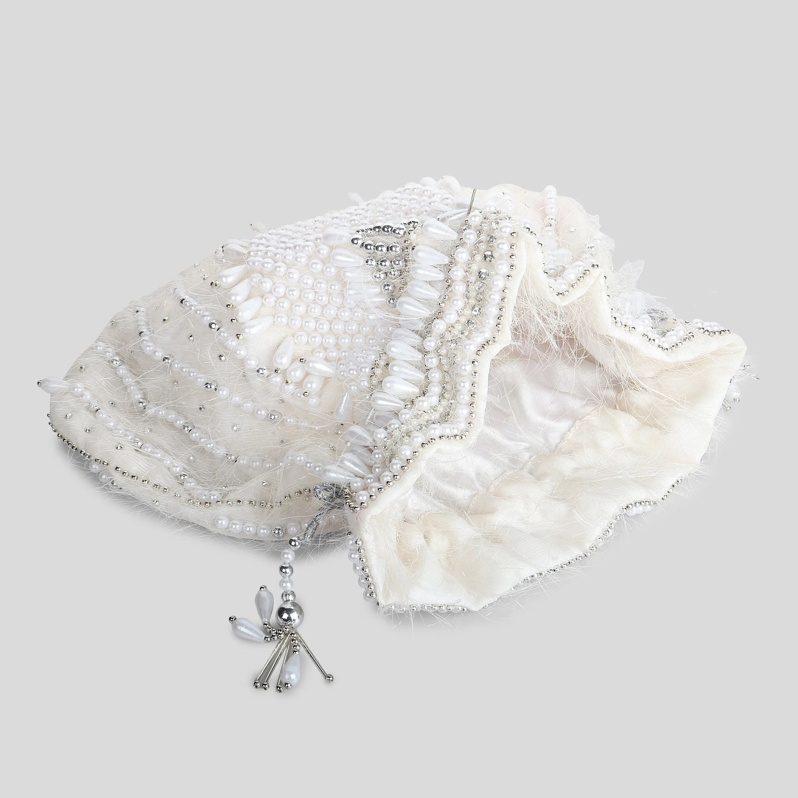 White Potli Bag, Designer Bag, Hand embroidered and Embellished with Pearls