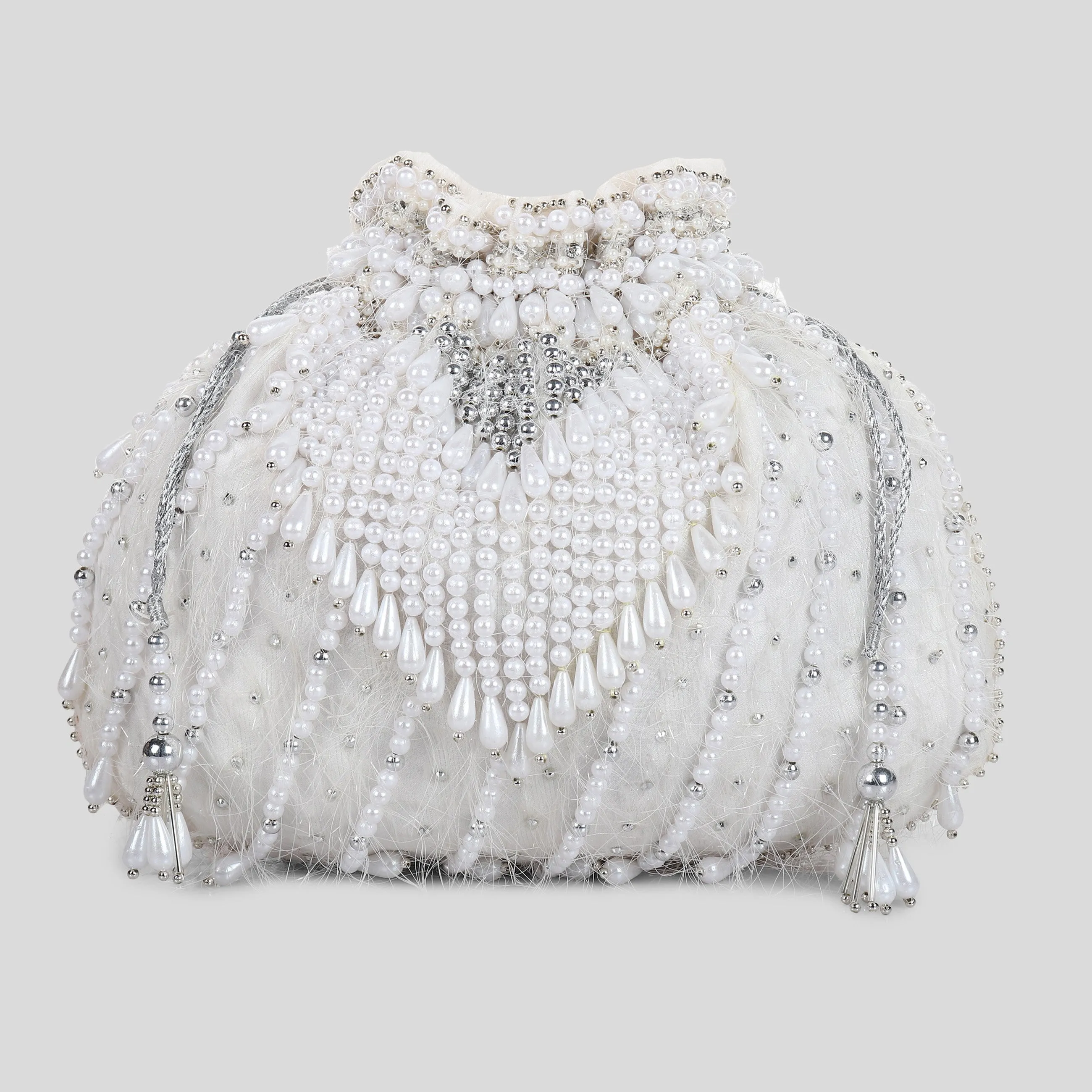 White Potli Bag, Designer Bag, Hand embroidered and Embellished with Pearls