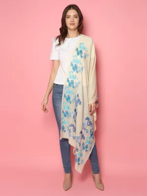 White Pure Pashmina Shawl with Abstract Swirl Pattern, Pure Pashmina Shawl