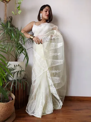 White Semi-Pure Organza Saree with Exquisite Lucknowi Work & Matching Blouse