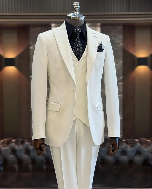 White Slim Fit 3 Piece Peak Lapel Suit for Men by GENT WITH