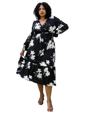 White Tulip Print Flowy Black Maxi Dress | Black