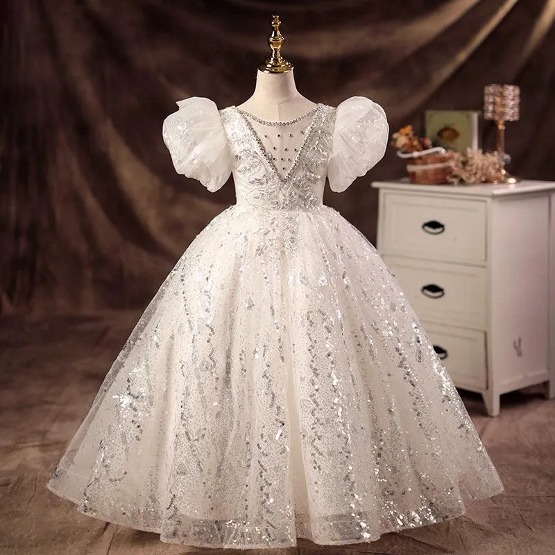 White wedding dress puff sleeve flower girl elegant fluffy girl evening dress