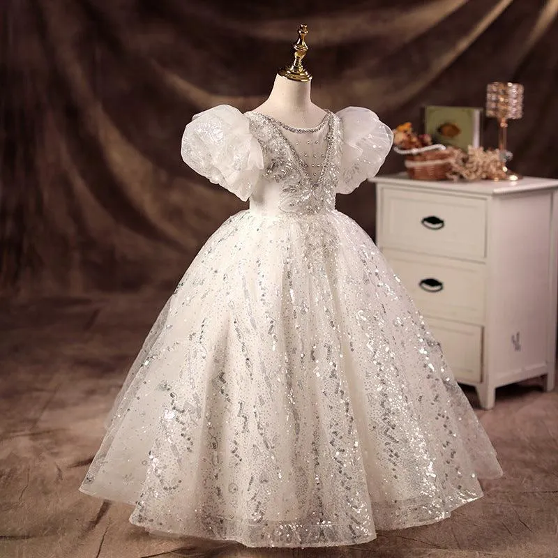 White wedding dress puff sleeve flower girl elegant fluffy girl evening dress