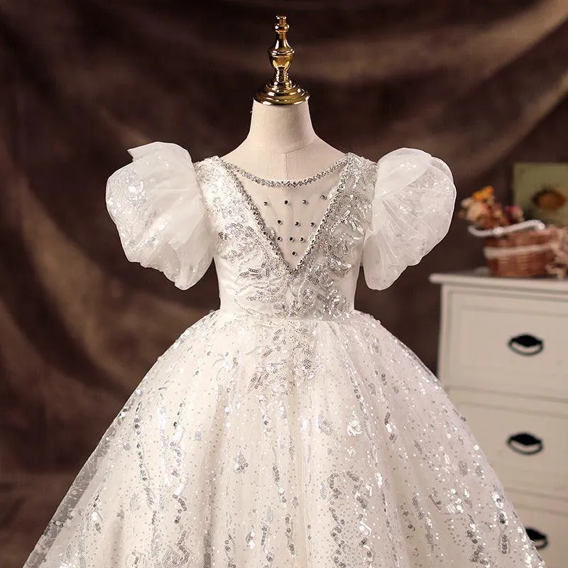White wedding dress puff sleeve flower girl elegant fluffy girl evening dress