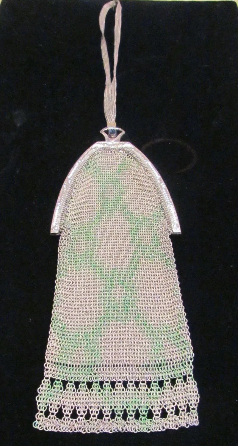 Whiting And Davis German Silver Soldered Painted Mesh Purse A M Co. Antique Flapper Purse Victorian Evening Bag Formal Purse