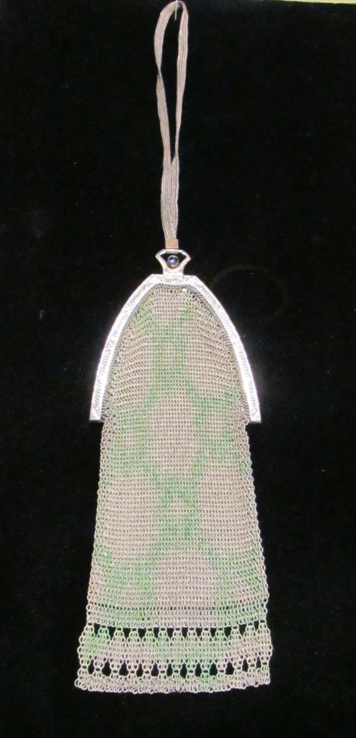Whiting And Davis German Silver Soldered Painted Mesh Purse A M Co. Antique Flapper Purse Victorian Evening Bag Formal Purse
