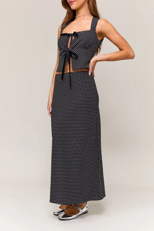 Whitney Polka Dot Print Bow Tie Top And Midi Skirt Set Black