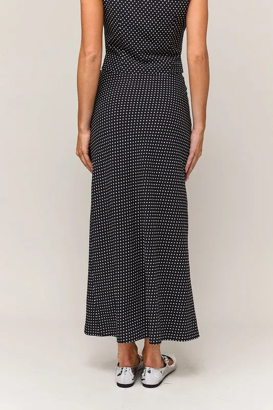 Whitney Polka Dot Print Bow Tie Top And Midi Skirt Set Black