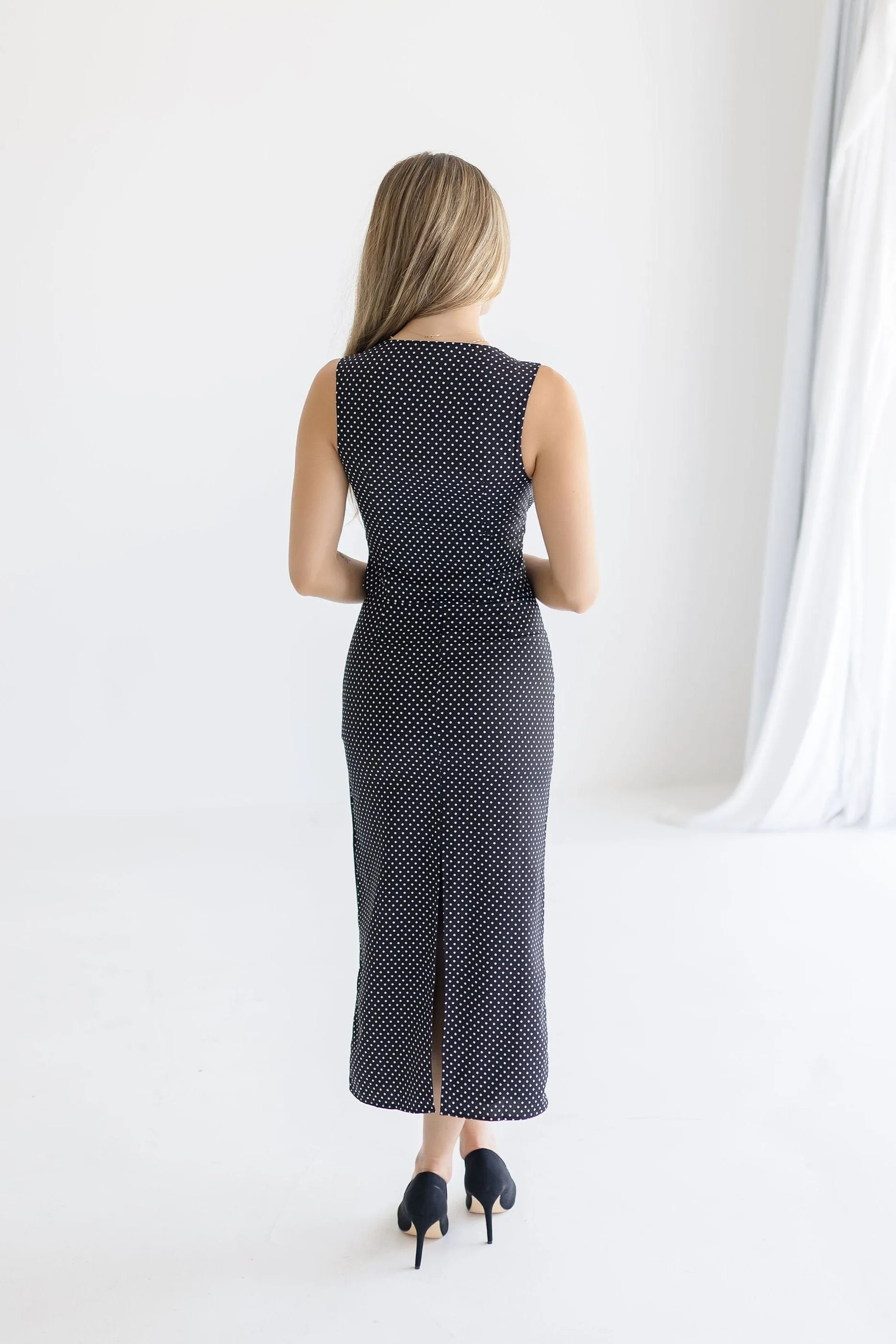 Whitney Polka Dot Print Bow Tie Top And Midi Skirt Set Black