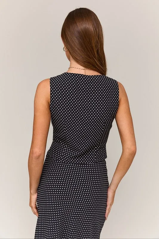 Whitney Polka Dot Print Bow Tie Top And Midi Skirt Set Black