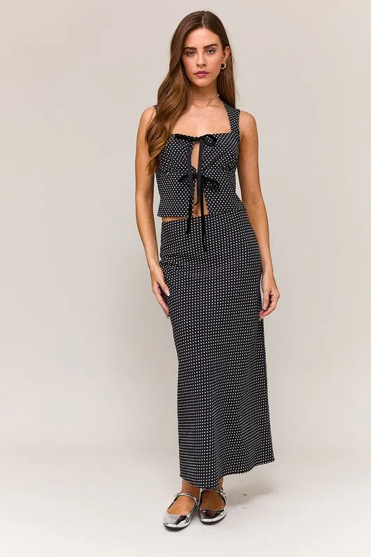 Whitney Polka Dot Print Bow Tie Top And Midi Skirt Set Black