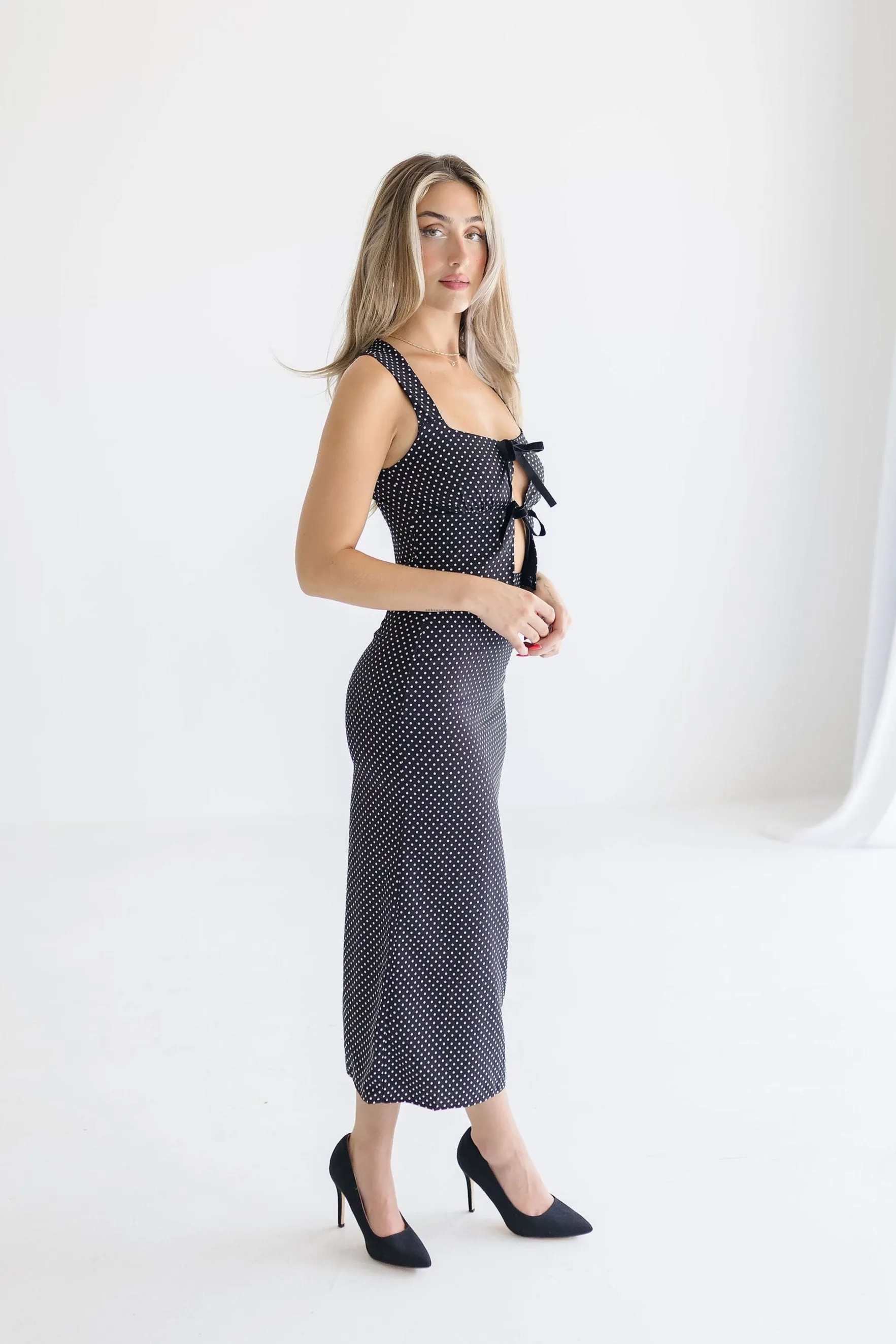 Whitney Polka Dot Print Bow Tie Top And Midi Skirt Set Black