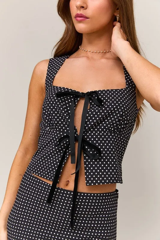Whitney Polka Dot Print Bow Tie Top And Midi Skirt Set Black