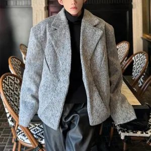 WIAOFELLAS  -  Short Woolen Coat Men's Autumn Winter Shoulder Pad Jacket Thickened Wool Blends Suit Solid Color Long Sleeves Cotton Coats