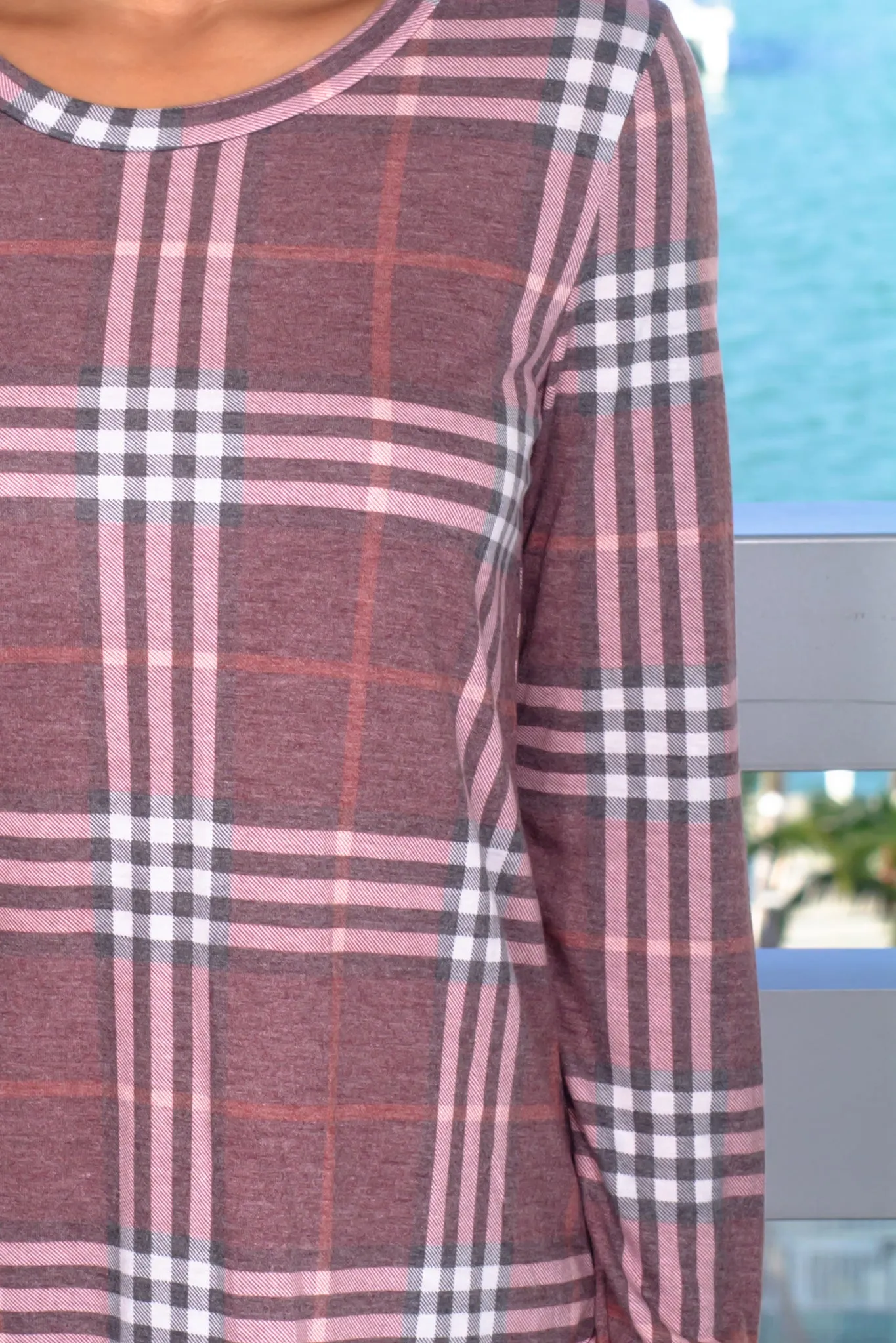 Wine Plaid Long Sleeve Top