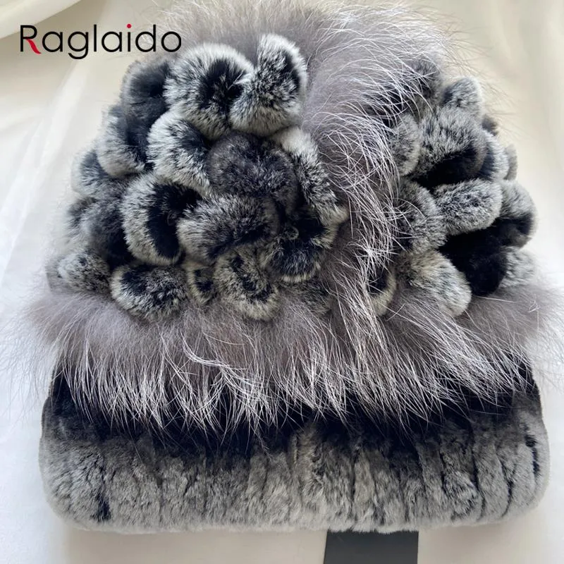 Winter Hat Women Rex Rabbit Fur Warm Knitted Hand Sewn Floral Fox Elegant Stylish Ladies Cold Hat Furry Cap Natural Fur Hat
