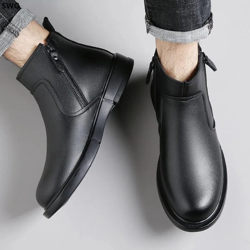 Winter Men's Leather Dress Boots Warm Zipper Snow Boots