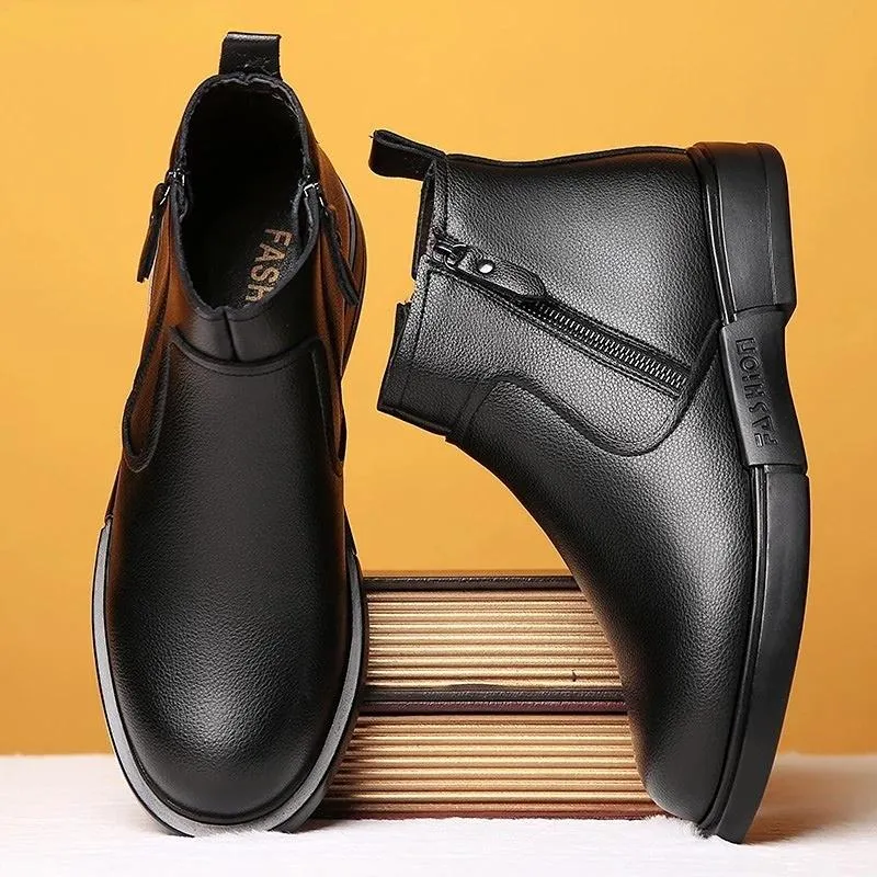 Winter Men's Leather Dress Boots Warm Zipper Snow Boots