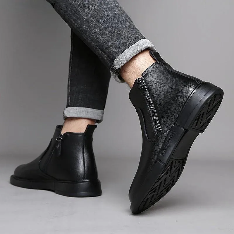 Winter Men's Leather Dress Boots Warm Zipper Snow Boots
