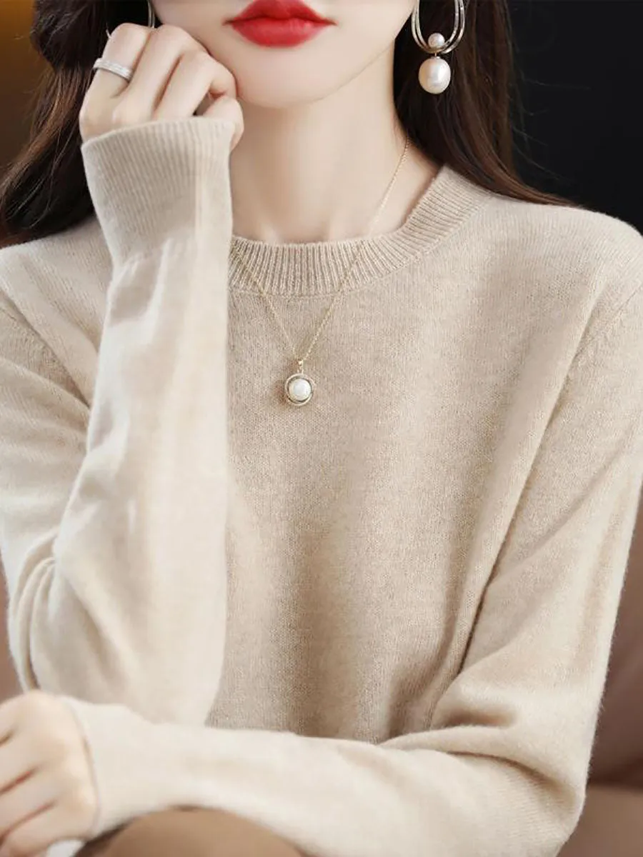 Women Autumn Casual Solid Wool O-Neck Knit Sweater