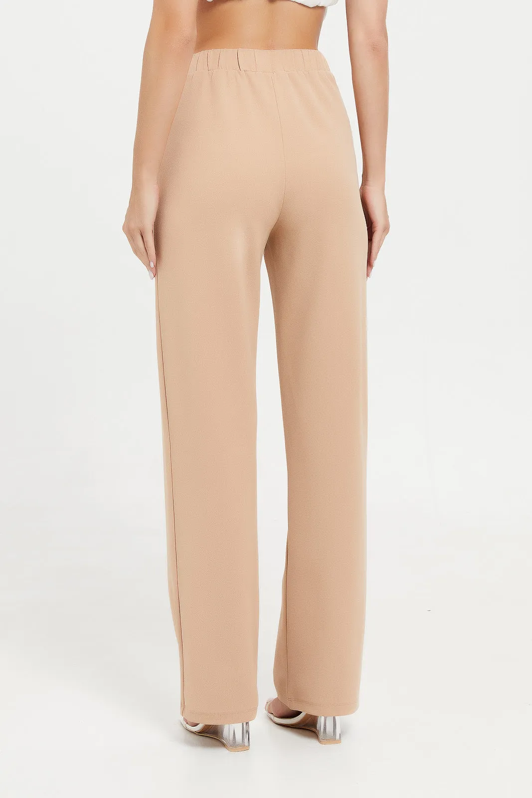 Women Beige High Waist Trouser With Elastic Waistband.