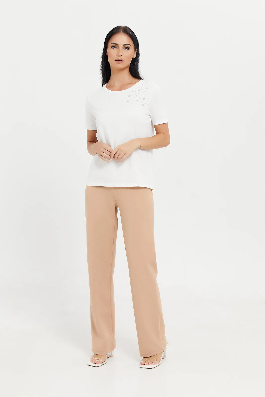 Women Beige High Waist Trouser With Elastic Waistband.