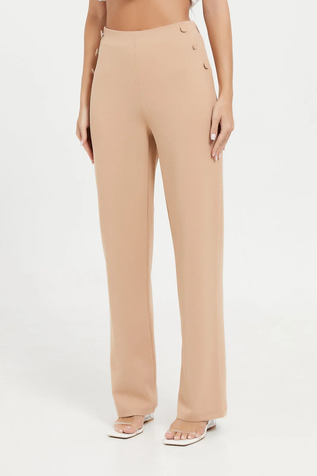 Women Beige High Waist Trouser With Elastic Waistband.