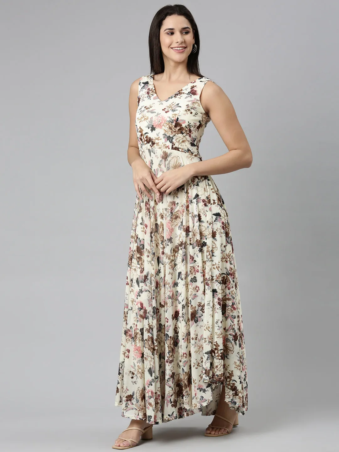 Women Cream Printed Fit and Flare Dress