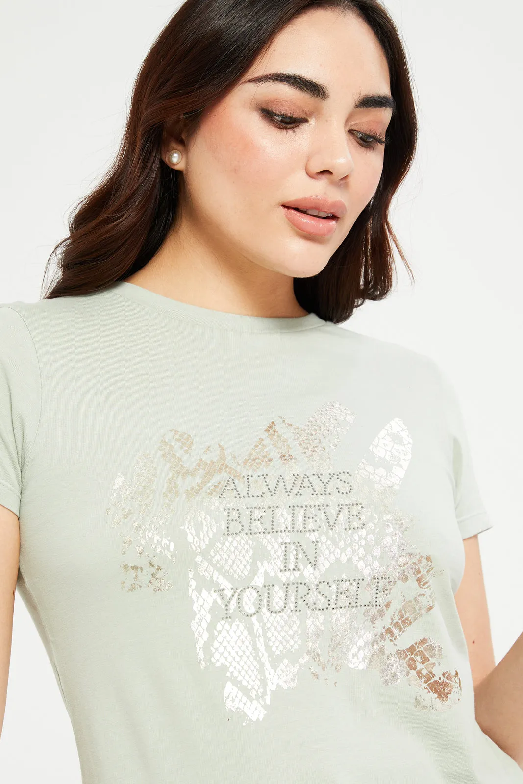 Women Green Believe Printed T-Shirt