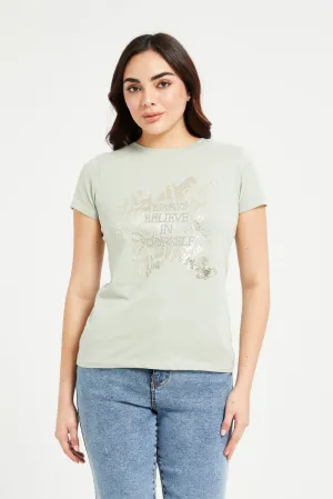Women Green Believe Printed T-Shirt