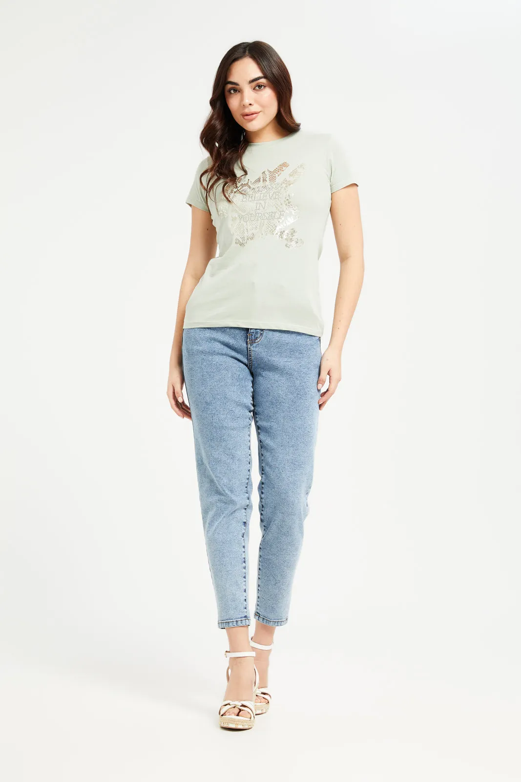 Women Green Believe Printed T-Shirt