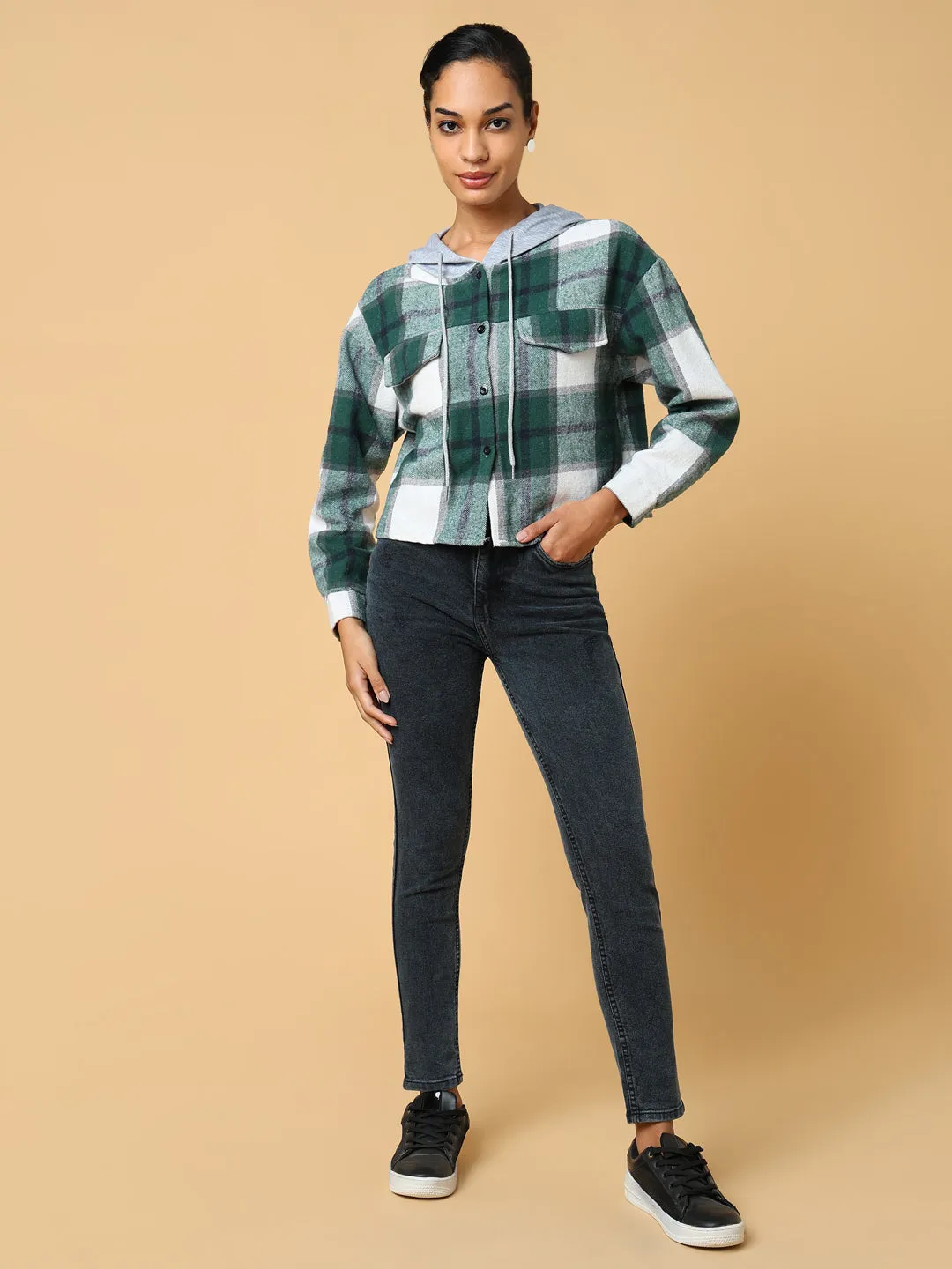 Women Hooded Checked Green Sweatshirt