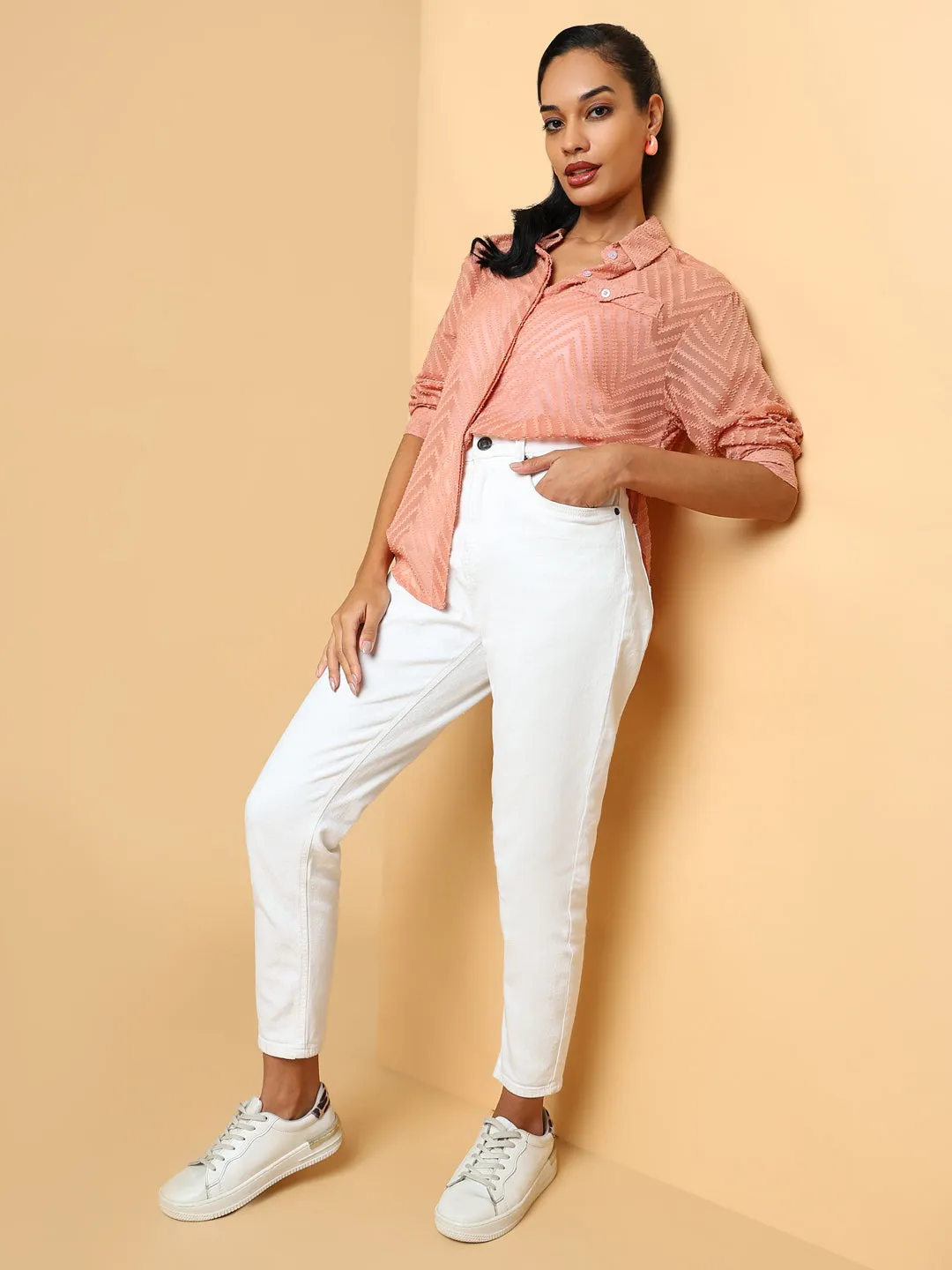 Women Peach Checked Shirt