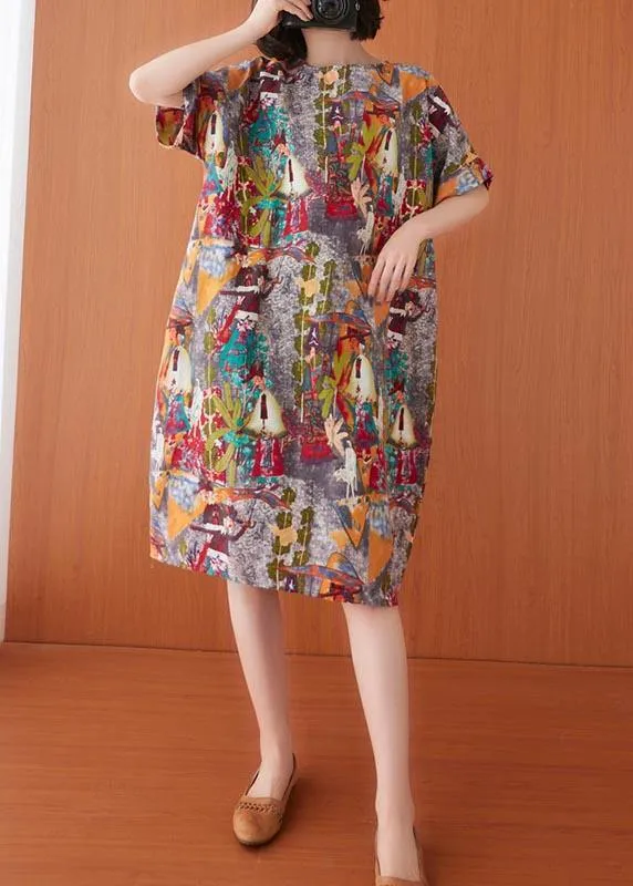 Women Print O-Neck Cotton Linen Party Dress Summer