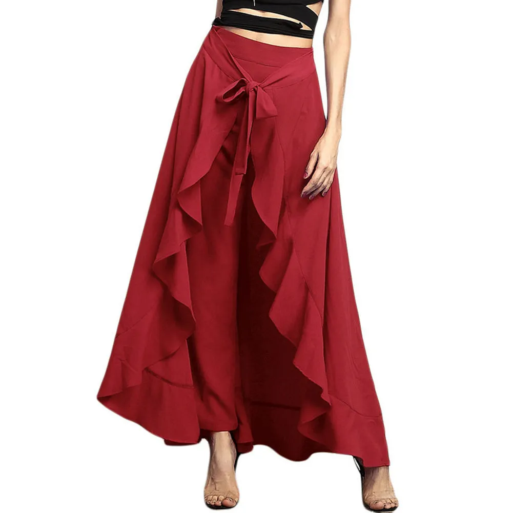 Women Ruffle Palazzo Pants High Waist Causal Drawstring Trouser Elegant Irregular Hem Pant Summer Loose Solid Female Pant Skirt