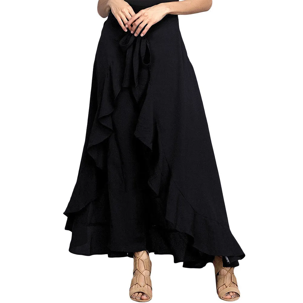 Women Ruffle Palazzo Pants High Waist Causal Drawstring Trouser Elegant Irregular Hem Pant Summer Loose Solid Female Pant Skirt
