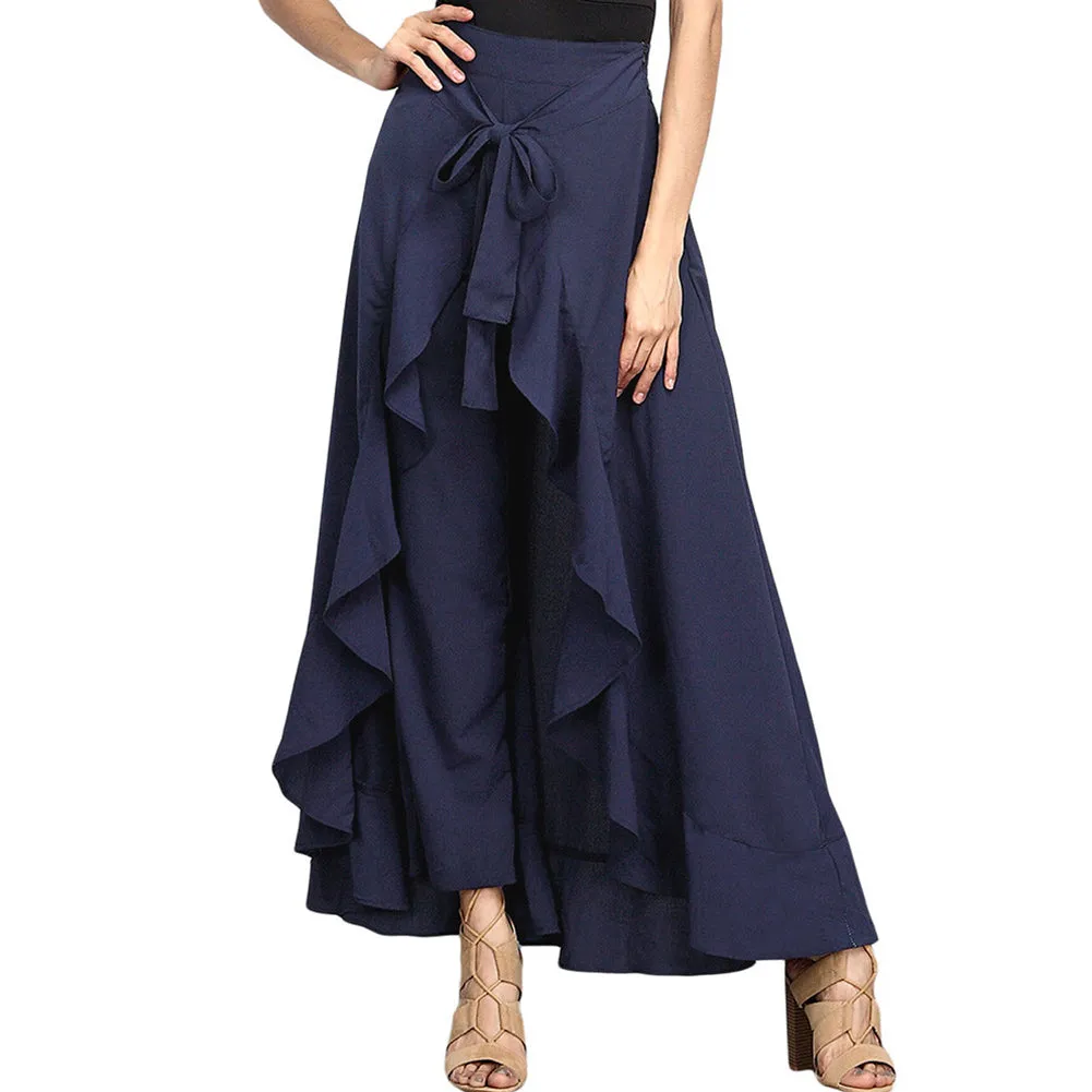 Women Ruffle Palazzo Pants High Waist Causal Drawstring Trouser Elegant Irregular Hem Pant Summer Loose Solid Female Pant Skirt