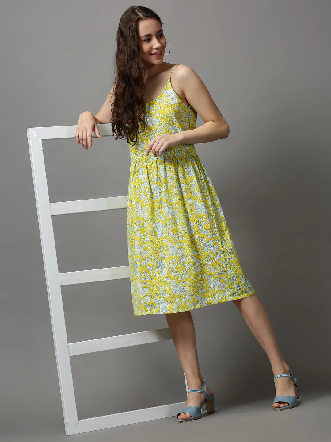 Women Shoulder Straps Printed Fit and Flare Yellow Dress