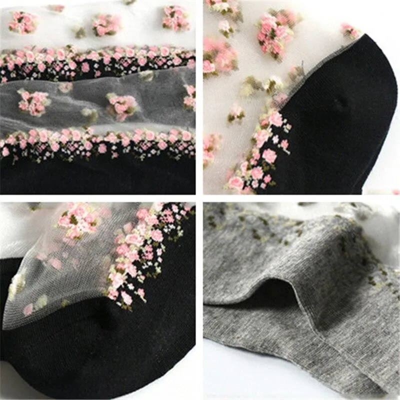 Women Silk Breathable Transparent Ultra Thin Crystal Rose Flower Lace Socks