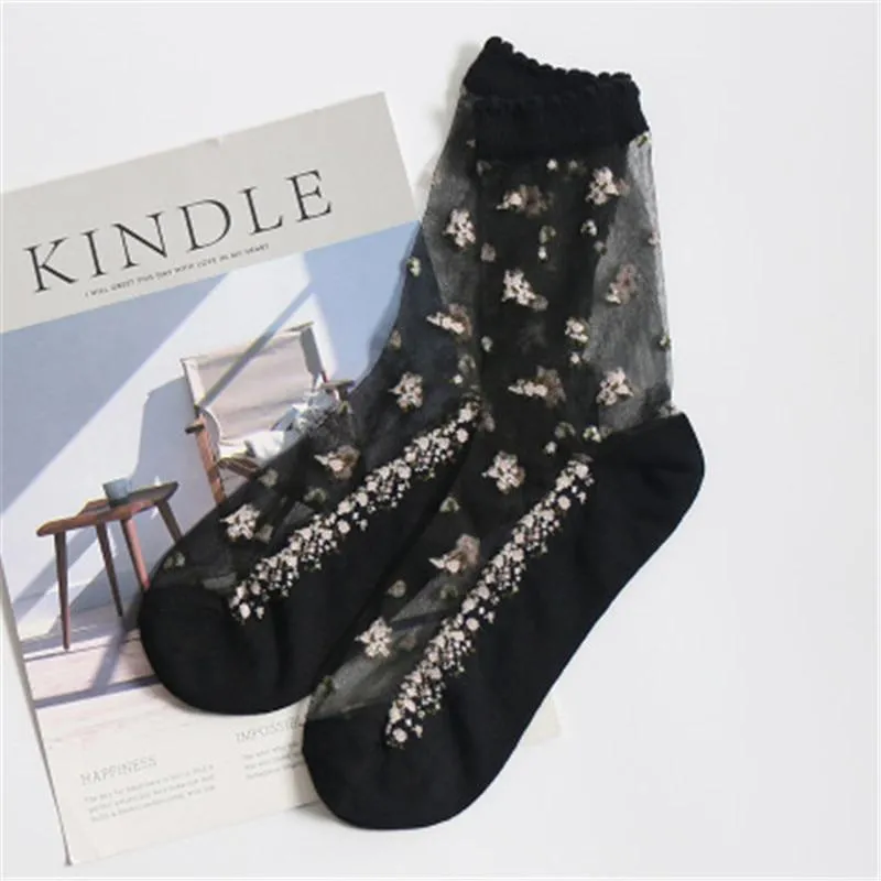 Women Silk Breathable Transparent Ultra Thin Crystal Rose Flower Lace Socks