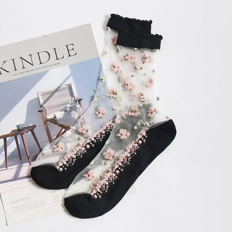 Women Silk Breathable Transparent Ultra Thin Crystal Rose Flower Lace Socks