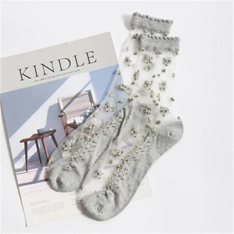 Women Silk Breathable Transparent Ultra Thin Crystal Rose Flower Lace Socks
