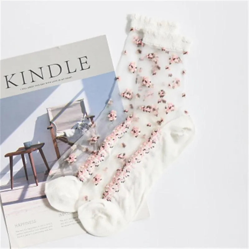 Women Silk Breathable Transparent Ultra Thin Crystal Rose Flower Lace Socks