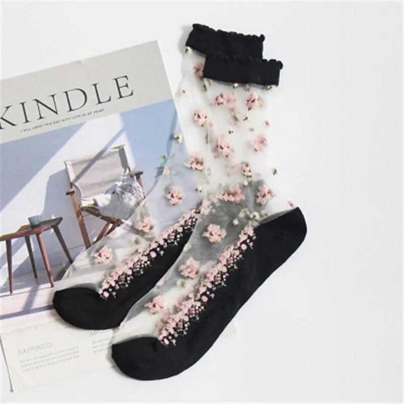 Women Silk Breathable Transparent Ultra Thin Crystal Rose Flower Lace Socks