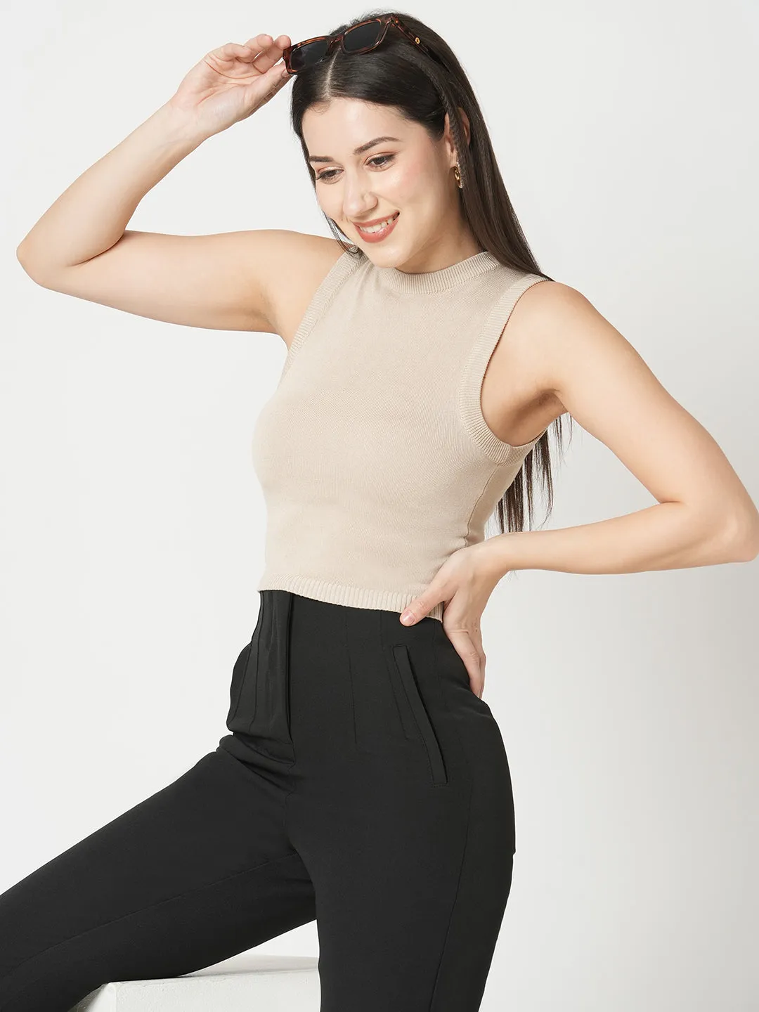 Women Slim Fit Beige Solid Flat Knit Top