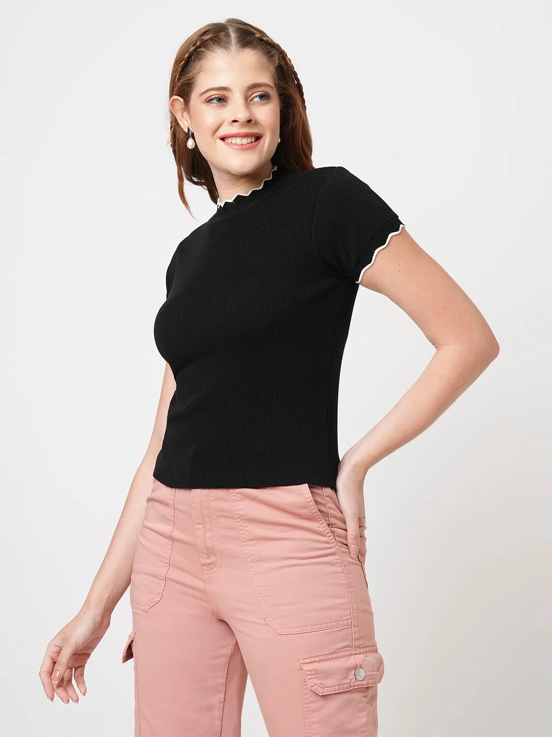 Women Slim Fit Black Flat Knit