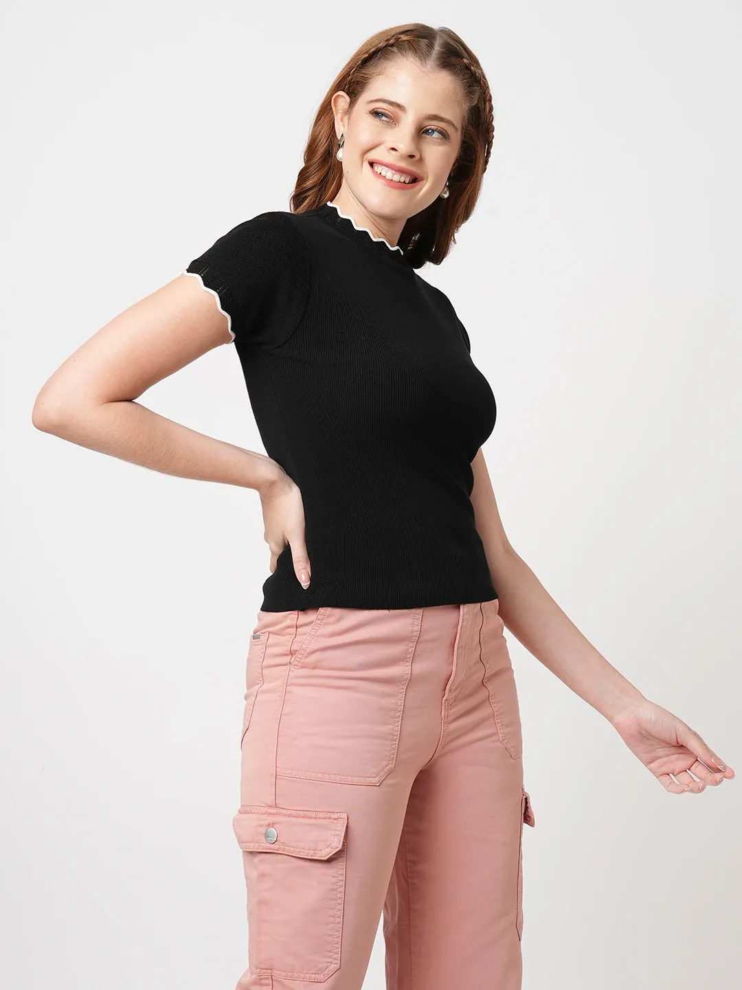 Women Slim Fit Black Flat Knit