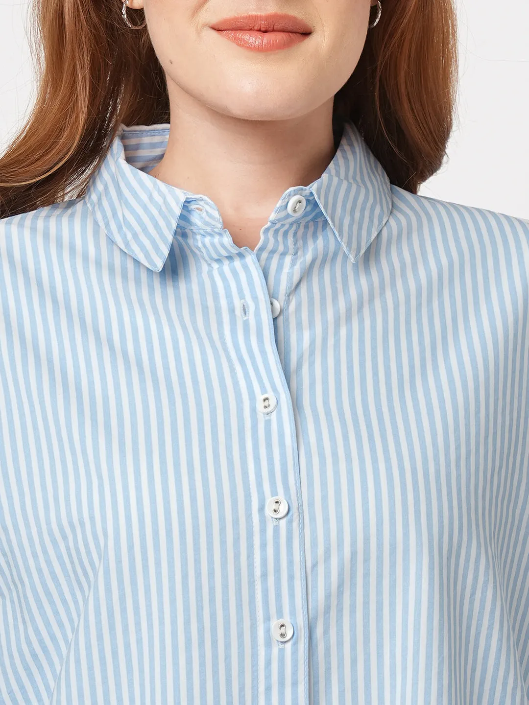 Women Slim Fit Sky/White Oversized Shirt