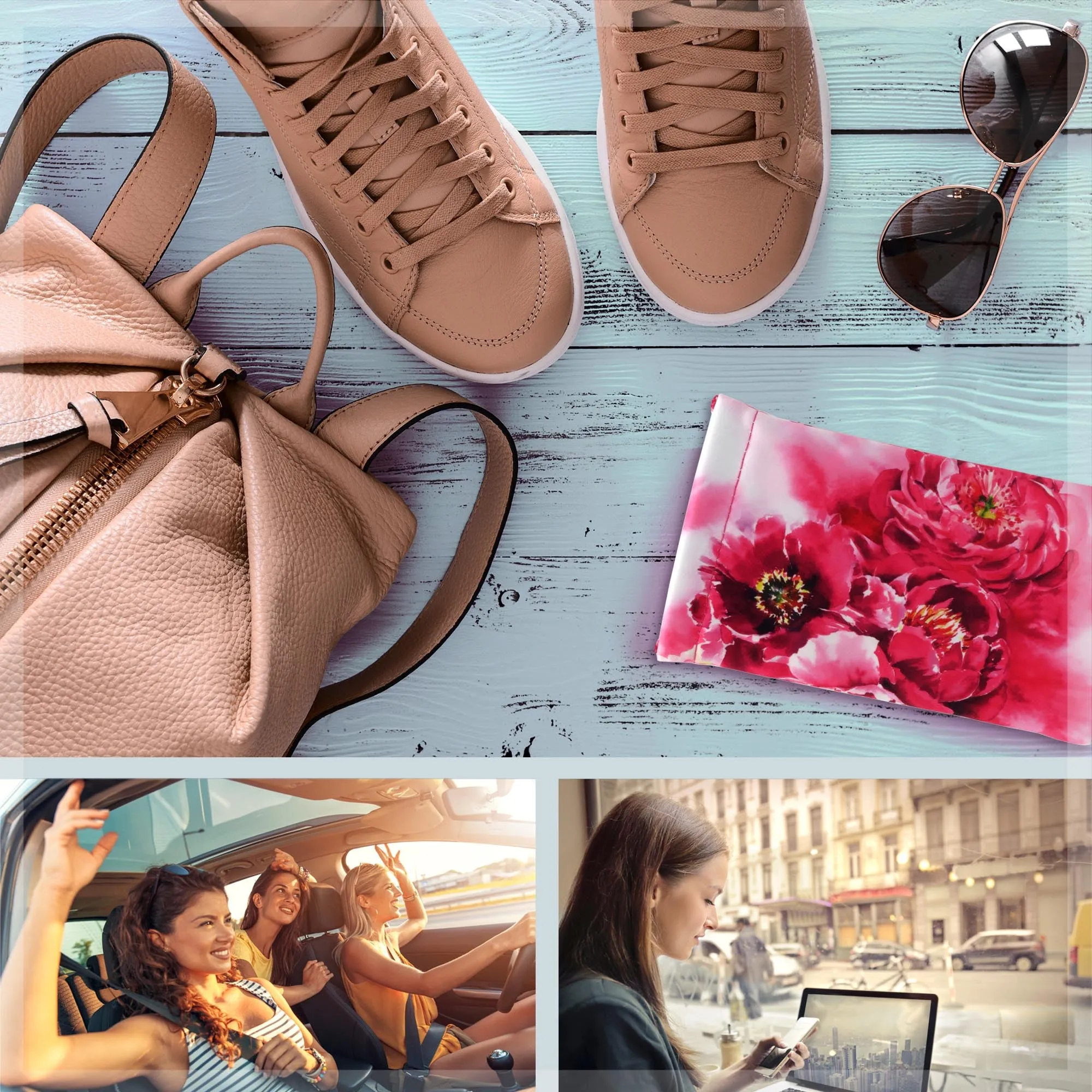 Women Soft Sunglasses case - Eyeglass Pouch, Squeeze Top XL Glasses Case with Cloth, Passport Holder - Smart Phone Case (CT8 Peonies)
